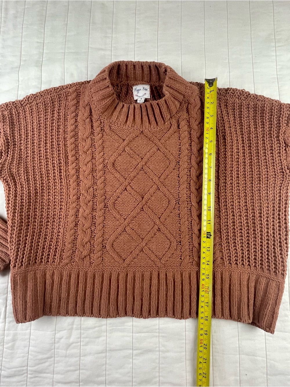 Hippie Rose Cable Knit Crewneck Cropped Sweater in Terracotta- oversized small - Picture 6 of 7